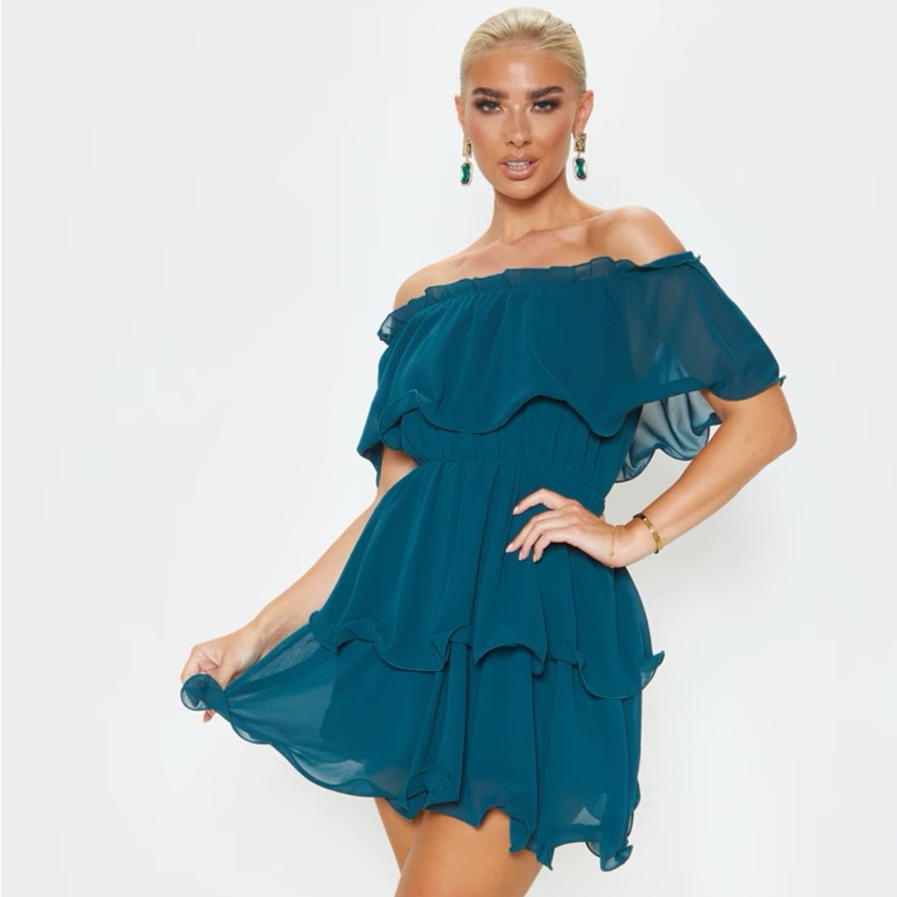 PrettyLittleThing EMERALD GREEN CHIFFON BARDOT RUFFLE TIERED DRESS SIZE 6